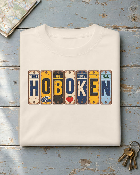 Hoboken, New Jersey vintage license plate t-shirt in Ivory