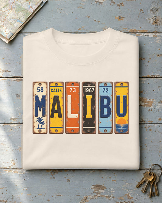 Malibu, California vintage license plate t-shirt in Ivory