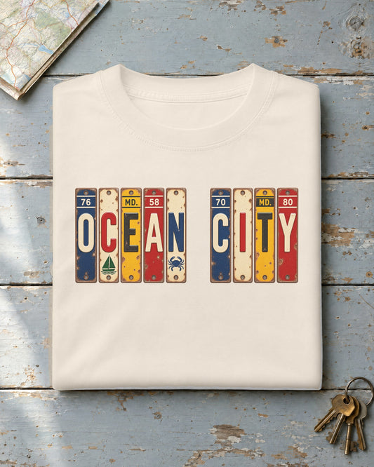 Ocean City, Maryland vintage license plate t-shirt in Ivory