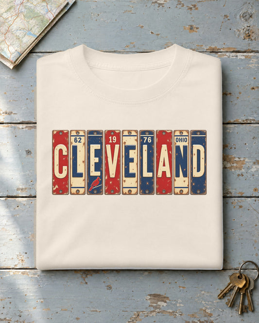 Cleveland, Ohio vintage license plate t-shirt in Ivory