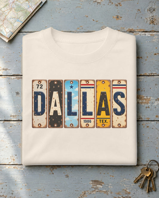 Dallas, Texas vintage license plate t-shirt in Ivory