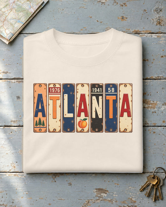 Atlanta, Georgia vintage license plate t-shirt in Ivory