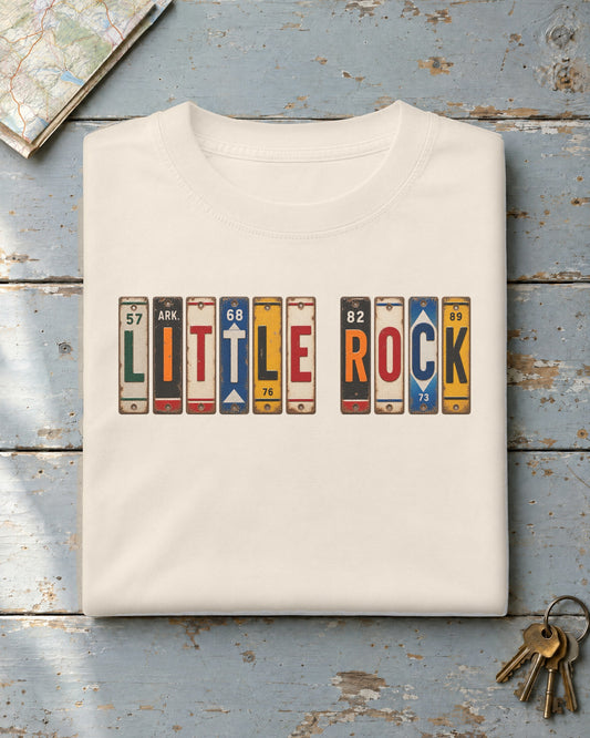 Little Rock, Arkansas vintage license plate t-shirt in Ivory