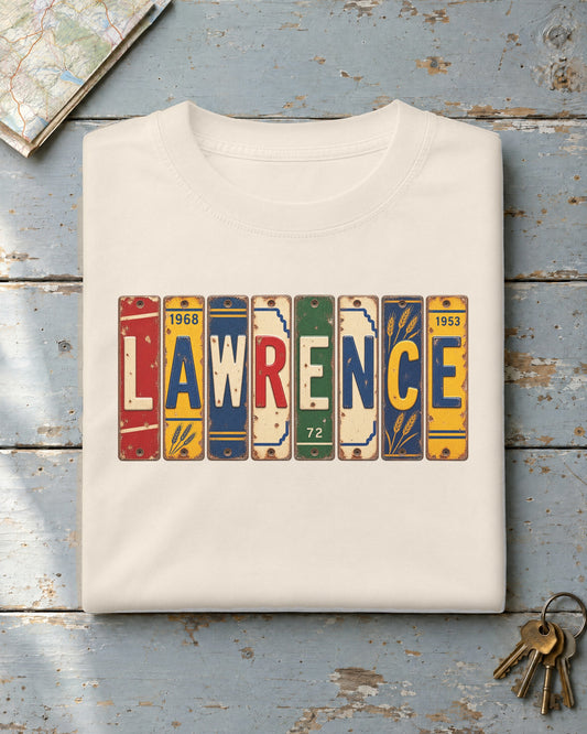 Lawrence, Kansas vintage license plate t-shirt in Ivory