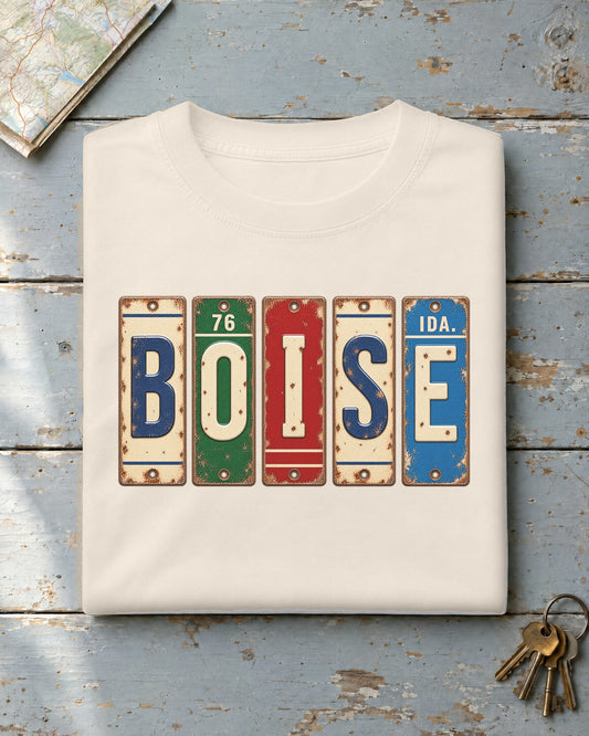 Boise, Idaho vintage license plate t-shirt in Ivory
