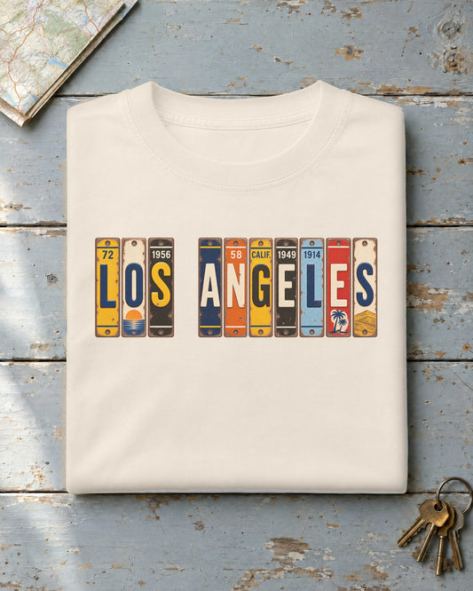 Los Angeles, California vintage license plate t-shirt in Ivory