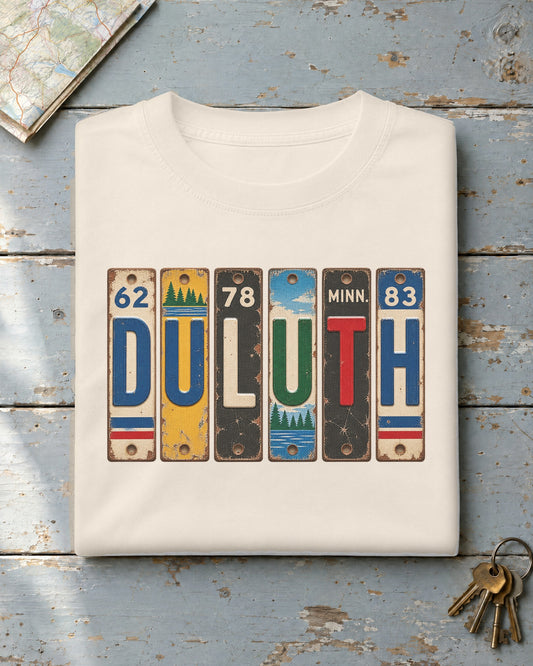 Duluth, Minnesota vintage license plate t-shirt in Ivory