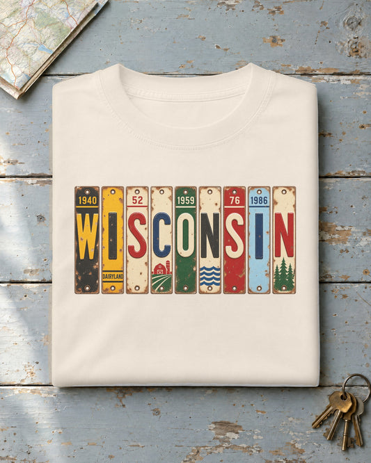 Wisconsin vintage license plate t-shirt in Ivory