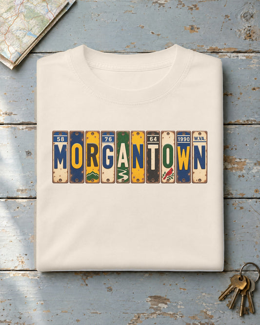 Morgantown, West Virginia vintage license plate t-shirt in Ivory