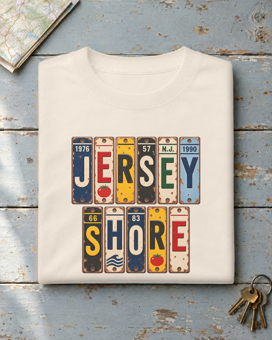 Jersey Shore, New Jersey vintage license plate t-shirt in Ivory