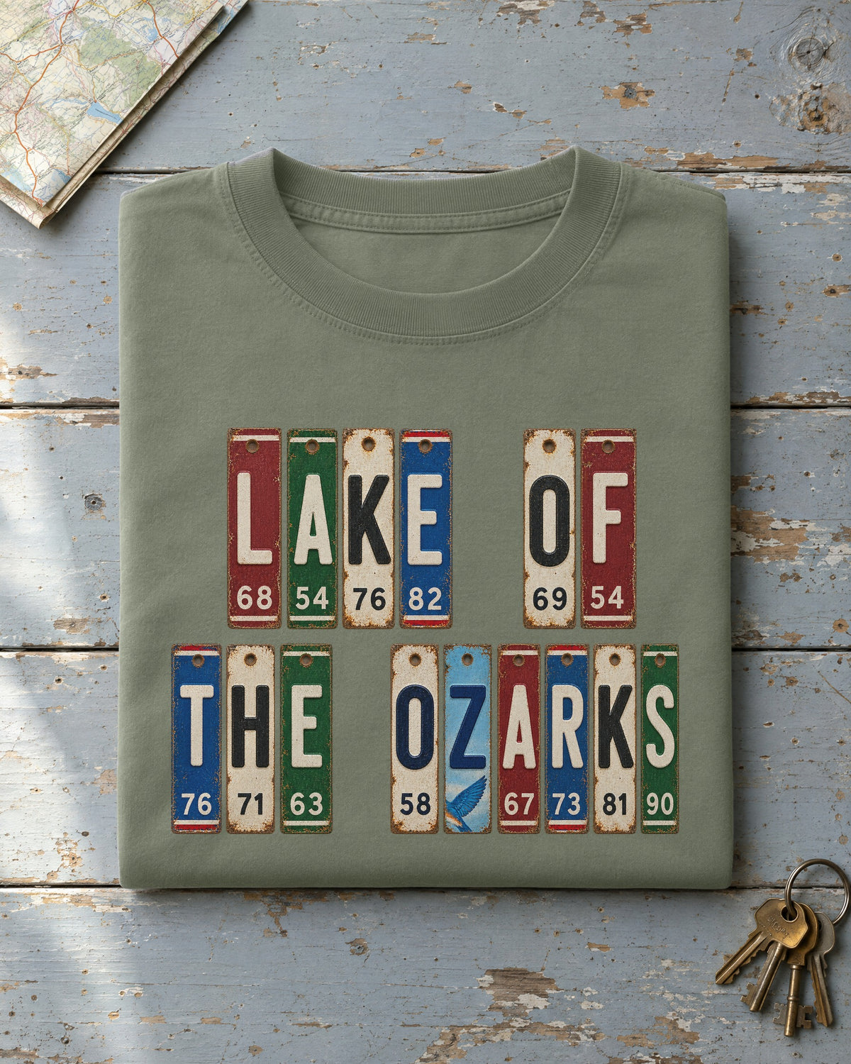 Lake of the Ozarks, Missouri vintage license plate t-shirt in Moss