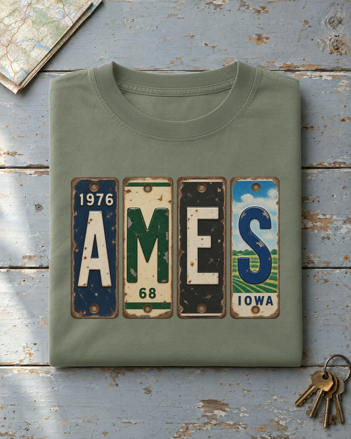 Ames, Iowa vintage license plate t-shirt in Moss