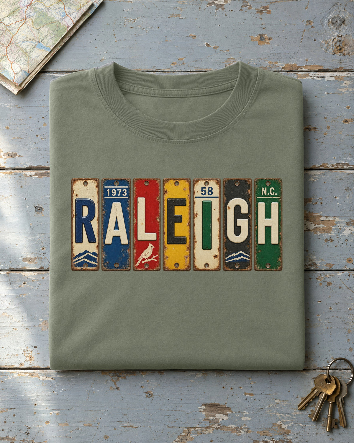 Raleigh, North Carolina vintage license plate t-shirt in Moss