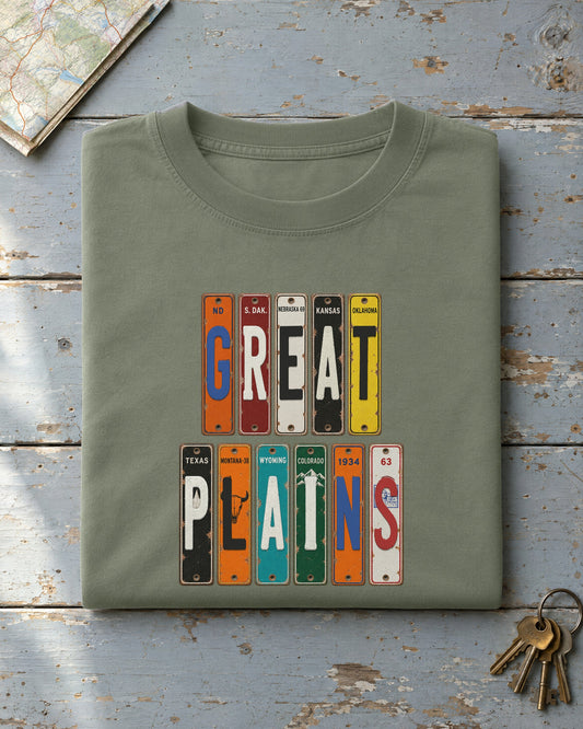 Great Plains vintage license plate t-shirt in Moss