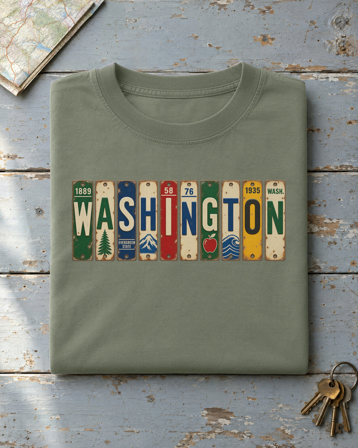 Washington vintage license plate t-shirt in Moss