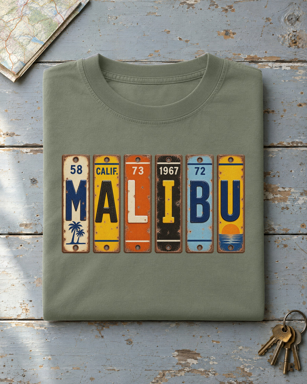 Malibu, California vintage license plate t-shirt in Moss
