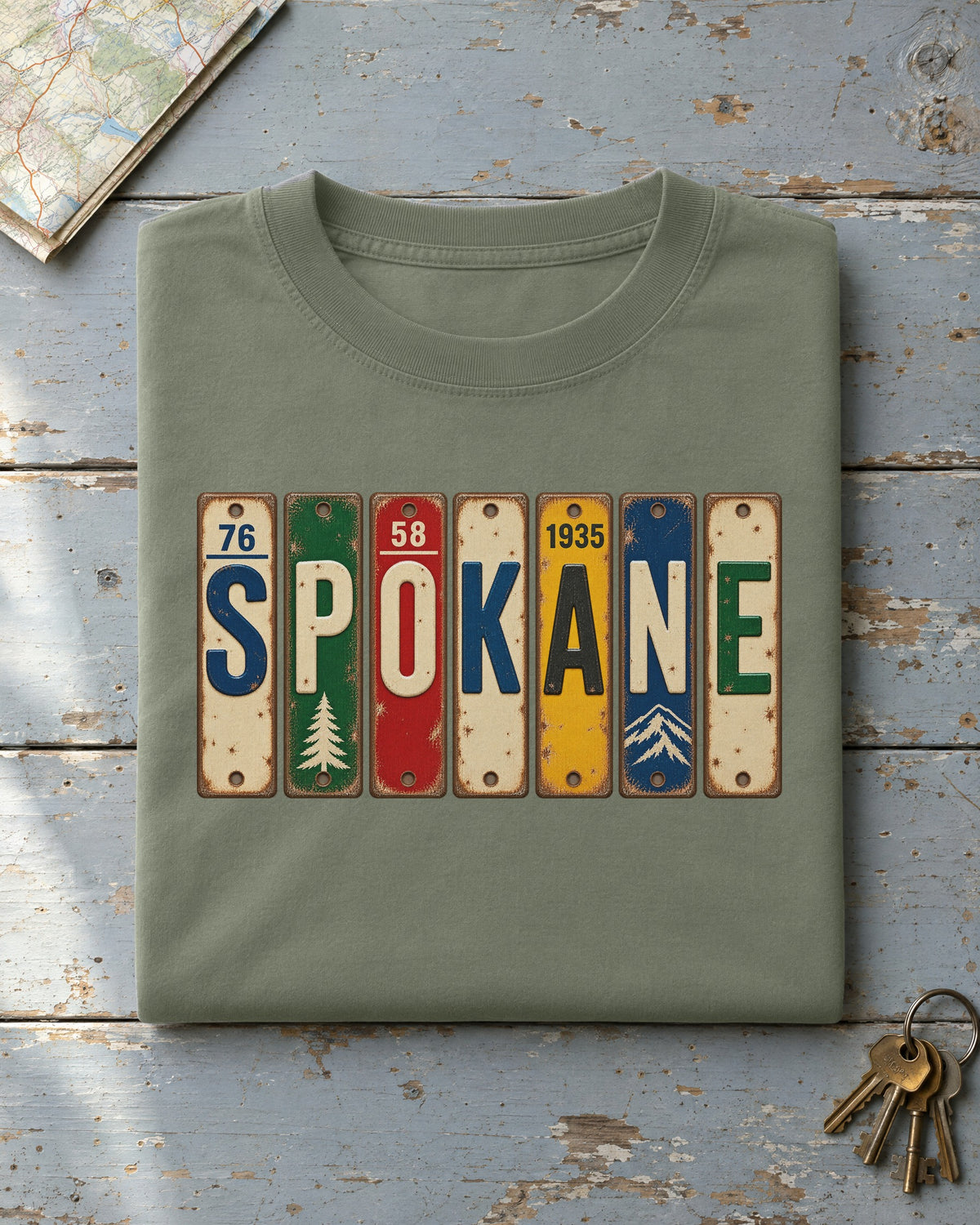 Spokane, Washington vintage license plate t-shirt in Moss