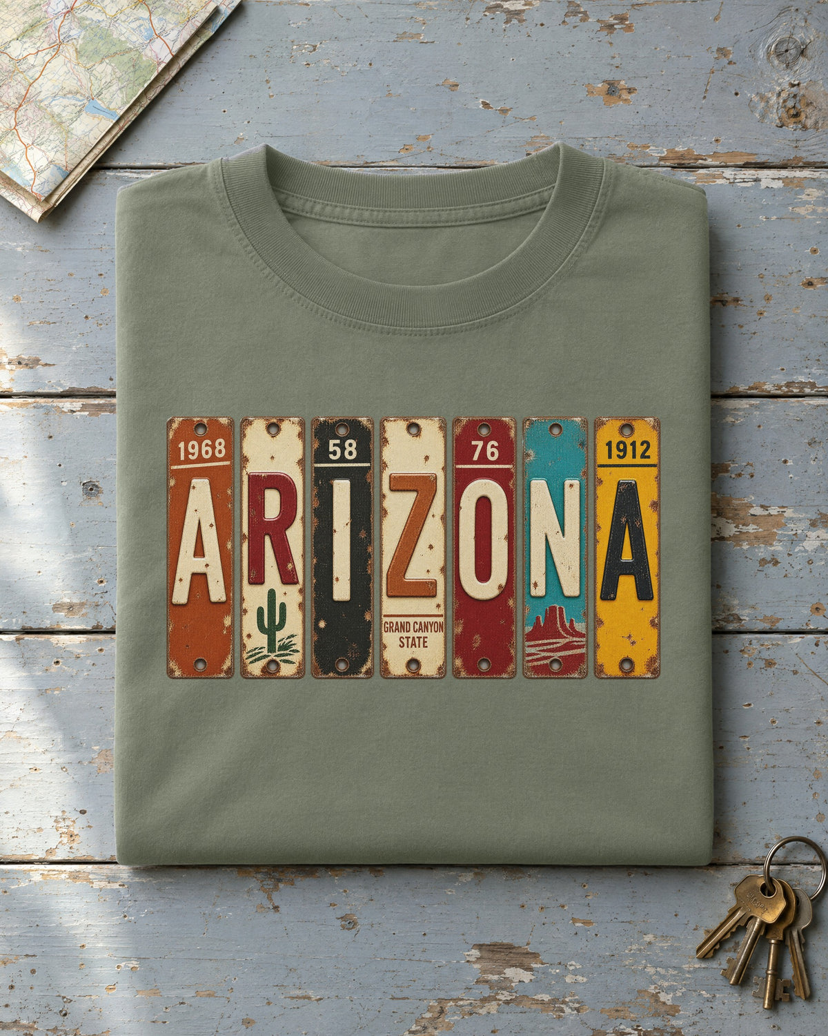 Arizona vintage license plate t-shirt in Moss