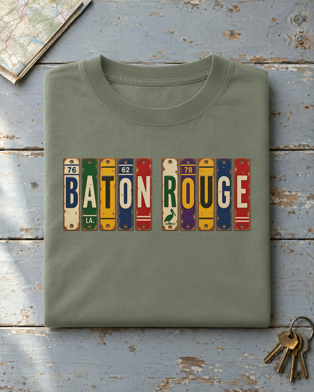Baton Rouge, Louisiana vintage license plate t-shirt in Moss