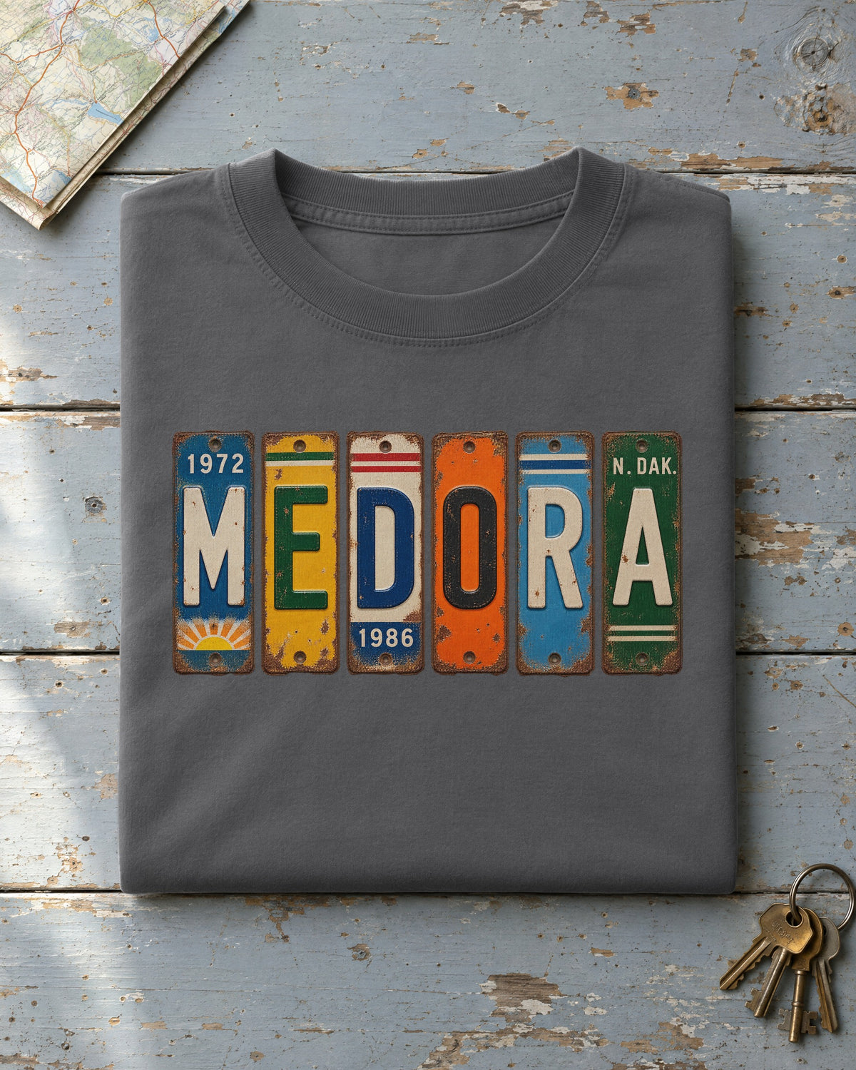 Medora, North Dakota vintage license plate t-shirt in Pepper