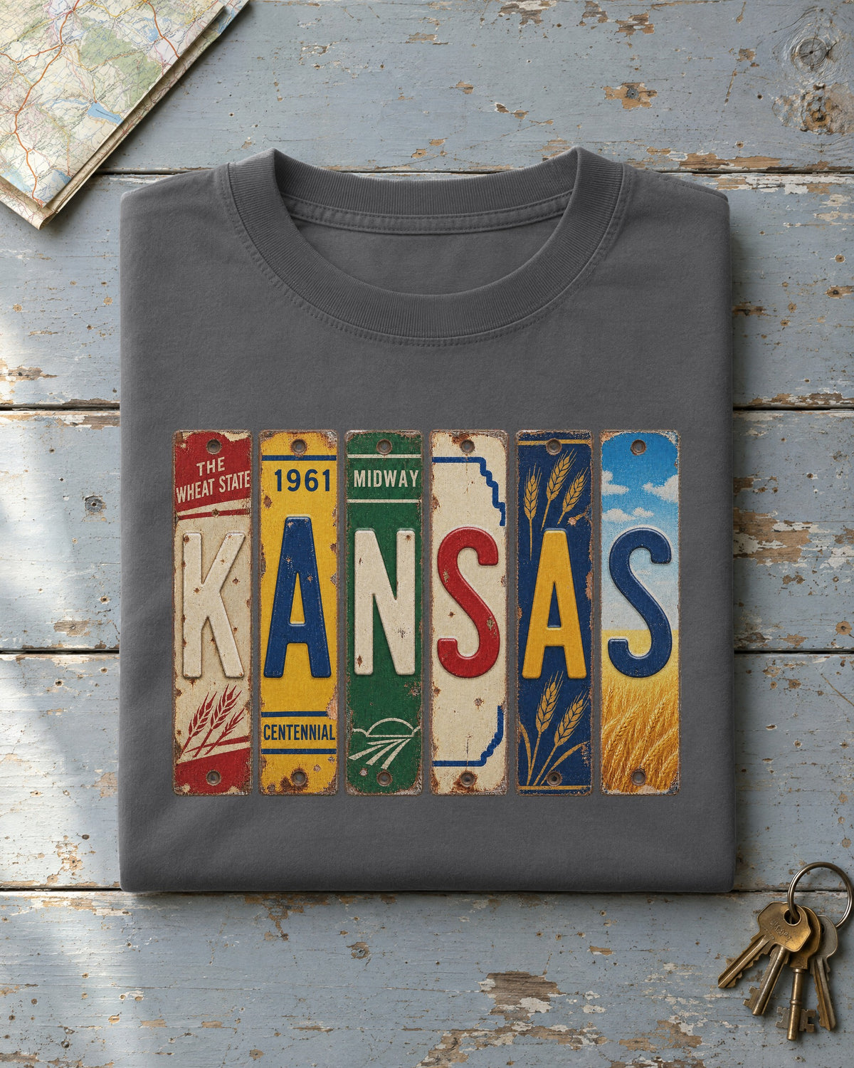 Kansas vintage license plate t-shirt in Pepper