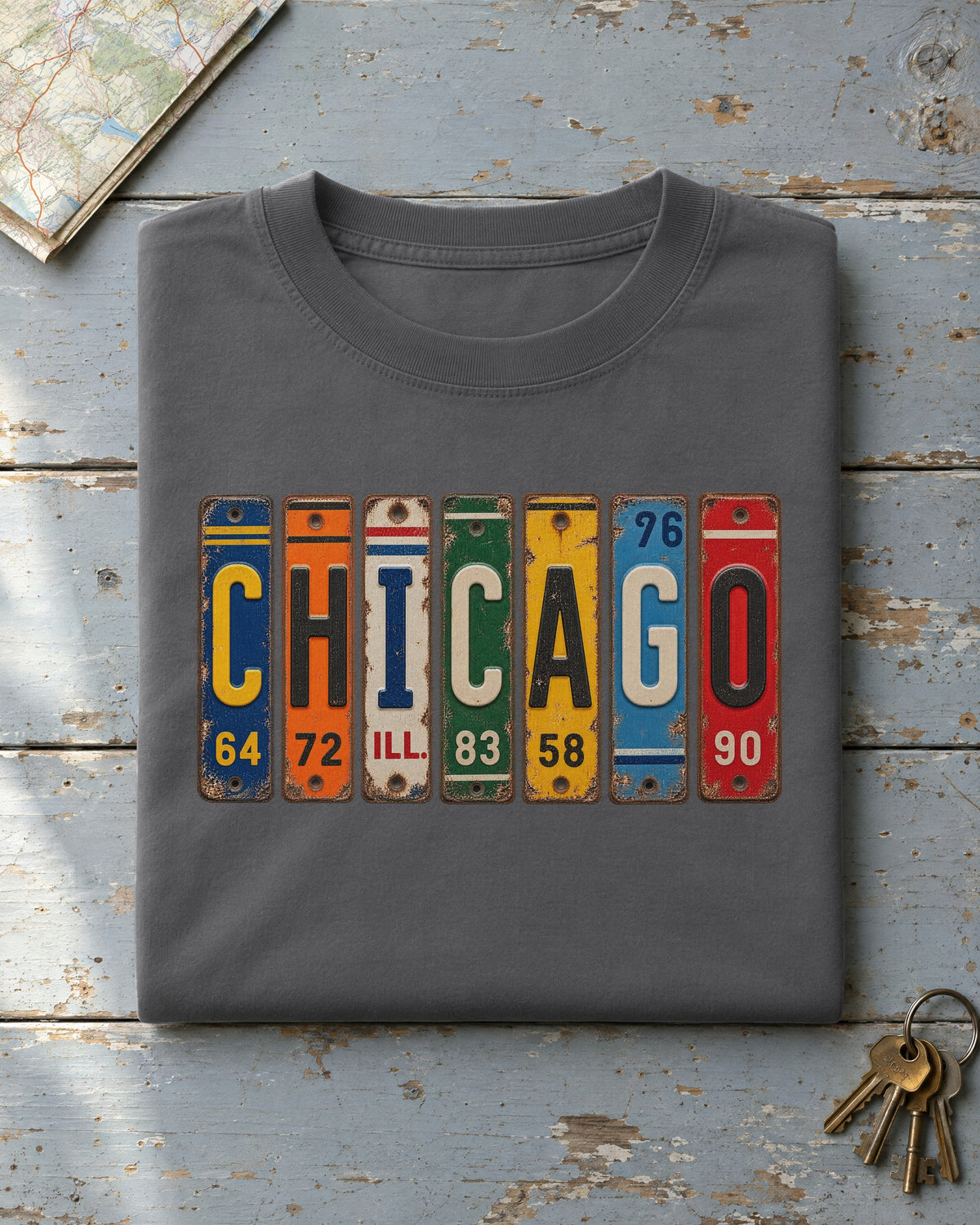 Chicago, Illinois vintage license plate t-shirt in Pepper