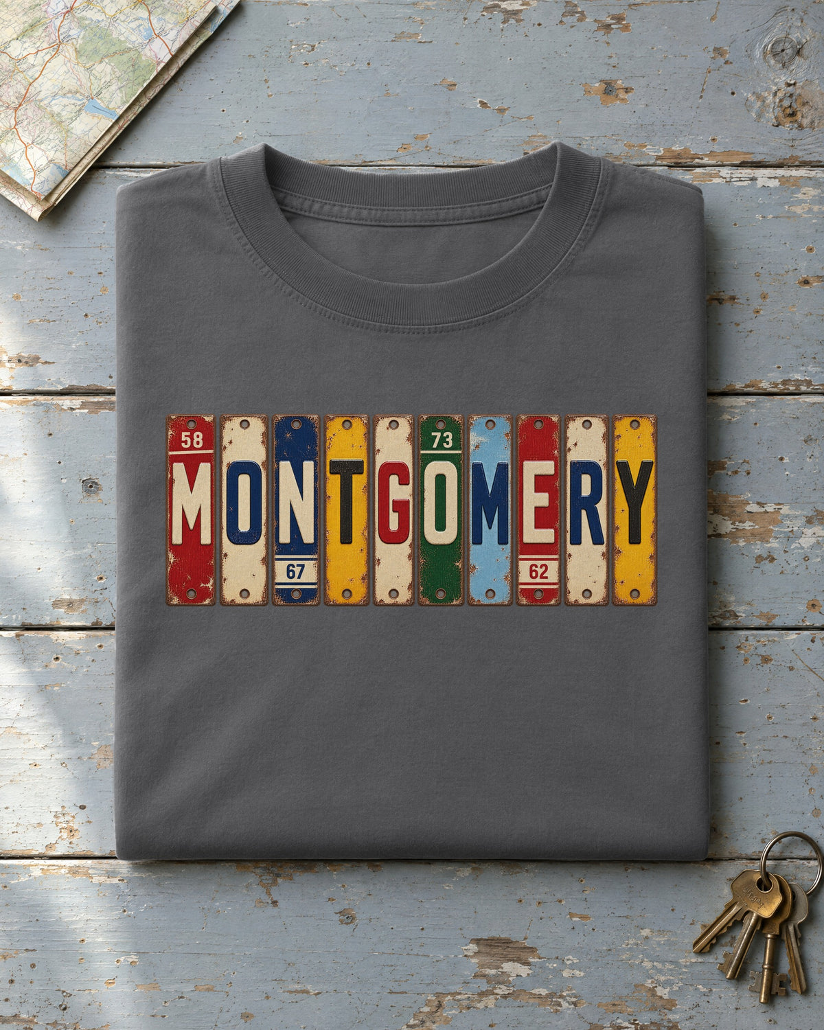 Montgomery, Alabama vintage license plate t-shirt in Pepper