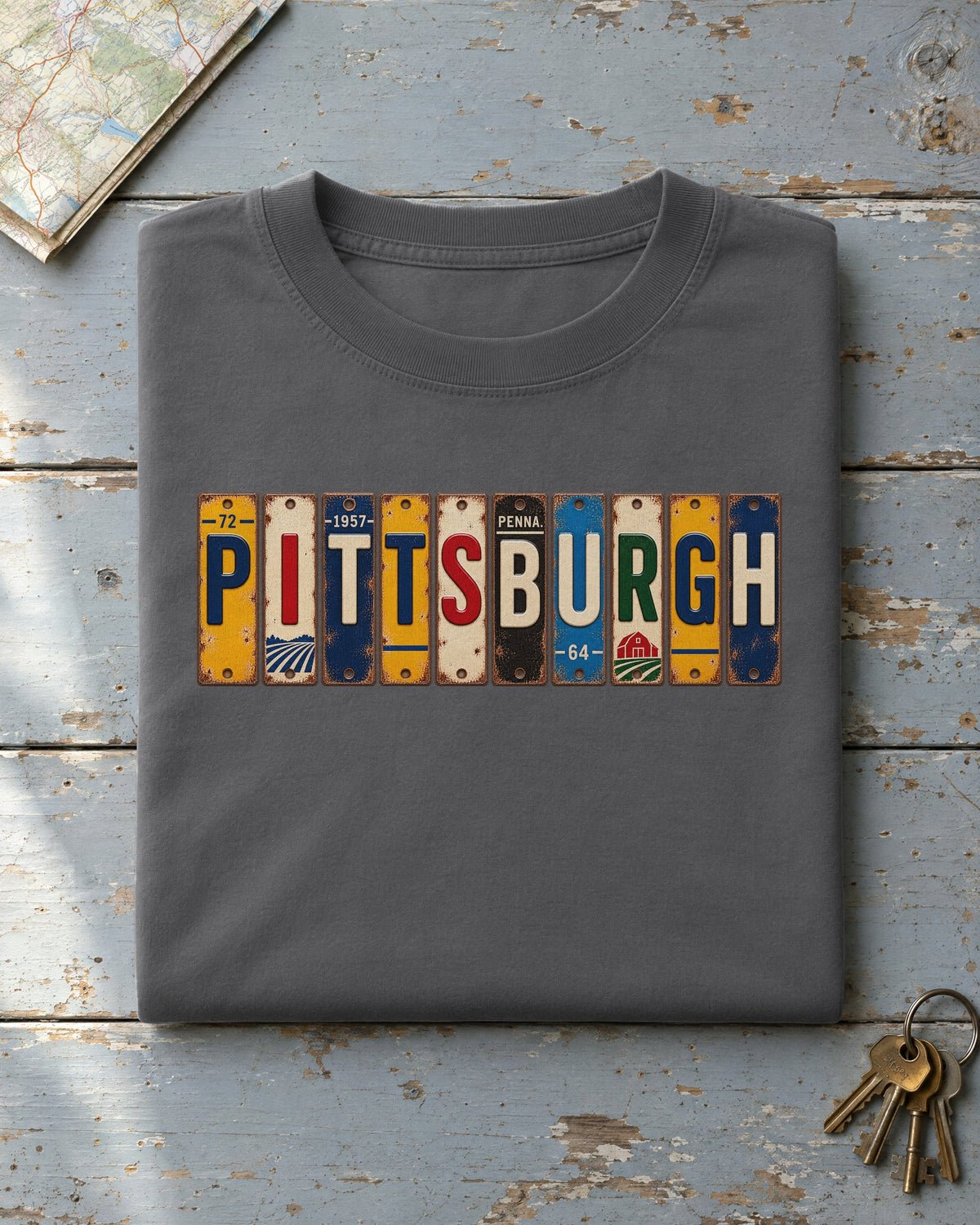 Pittsburgh, Pennsylvania vintage license plate t-shirt in Pepper