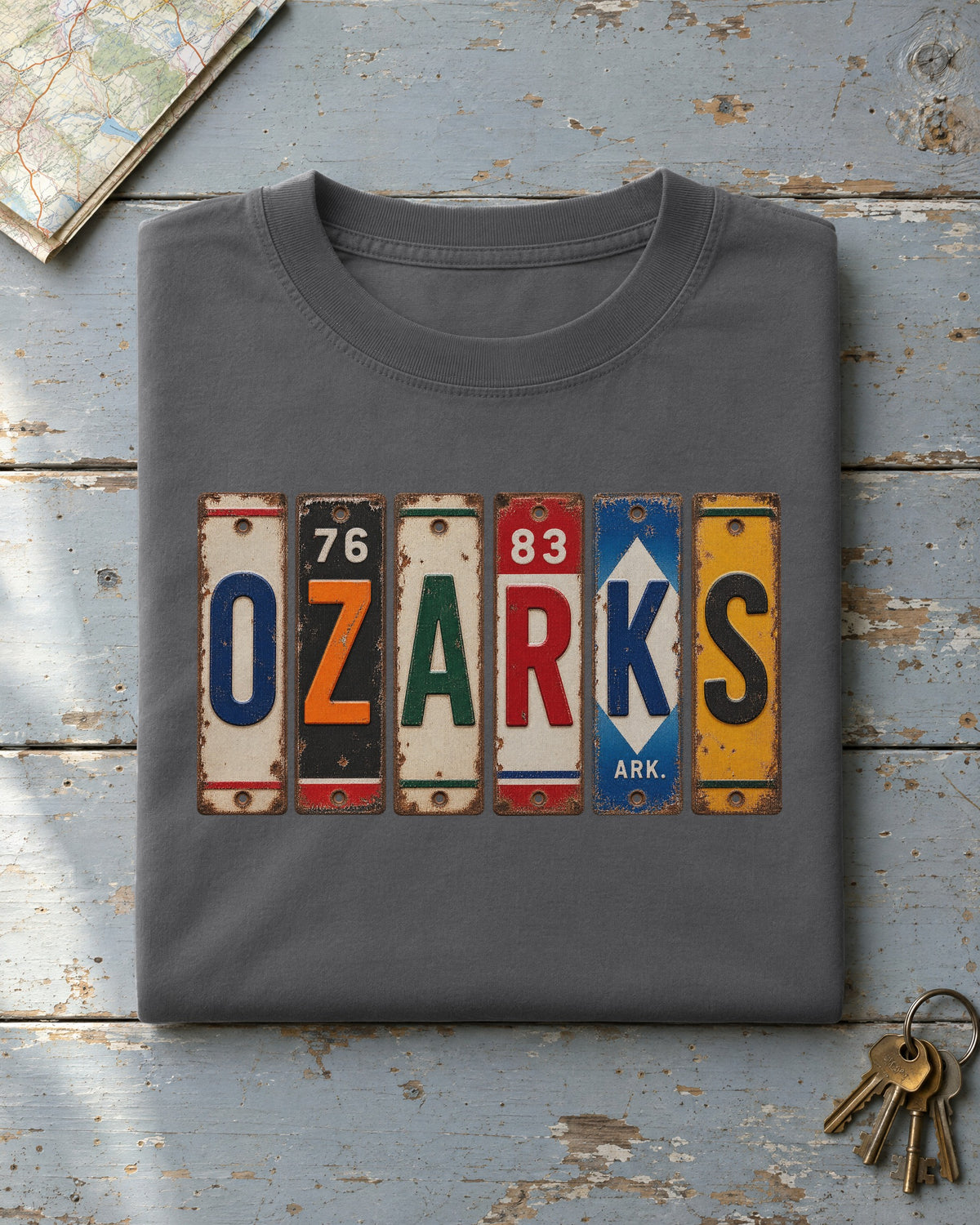 Ozarks, Arkansas vintage license plate t-shirt in Pepper