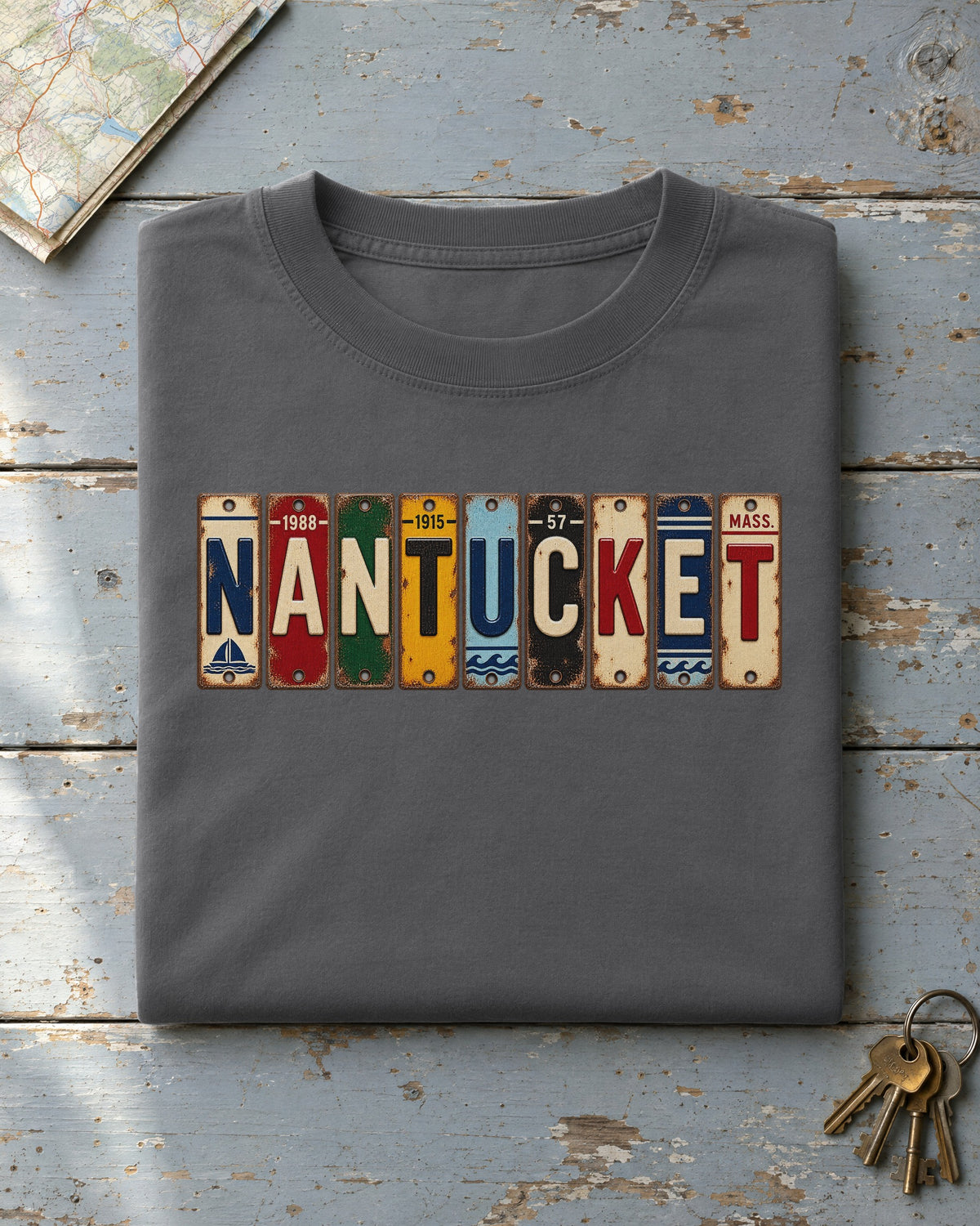 Nantucket, Massachusetts vintage license plate t-shirt in Pepper