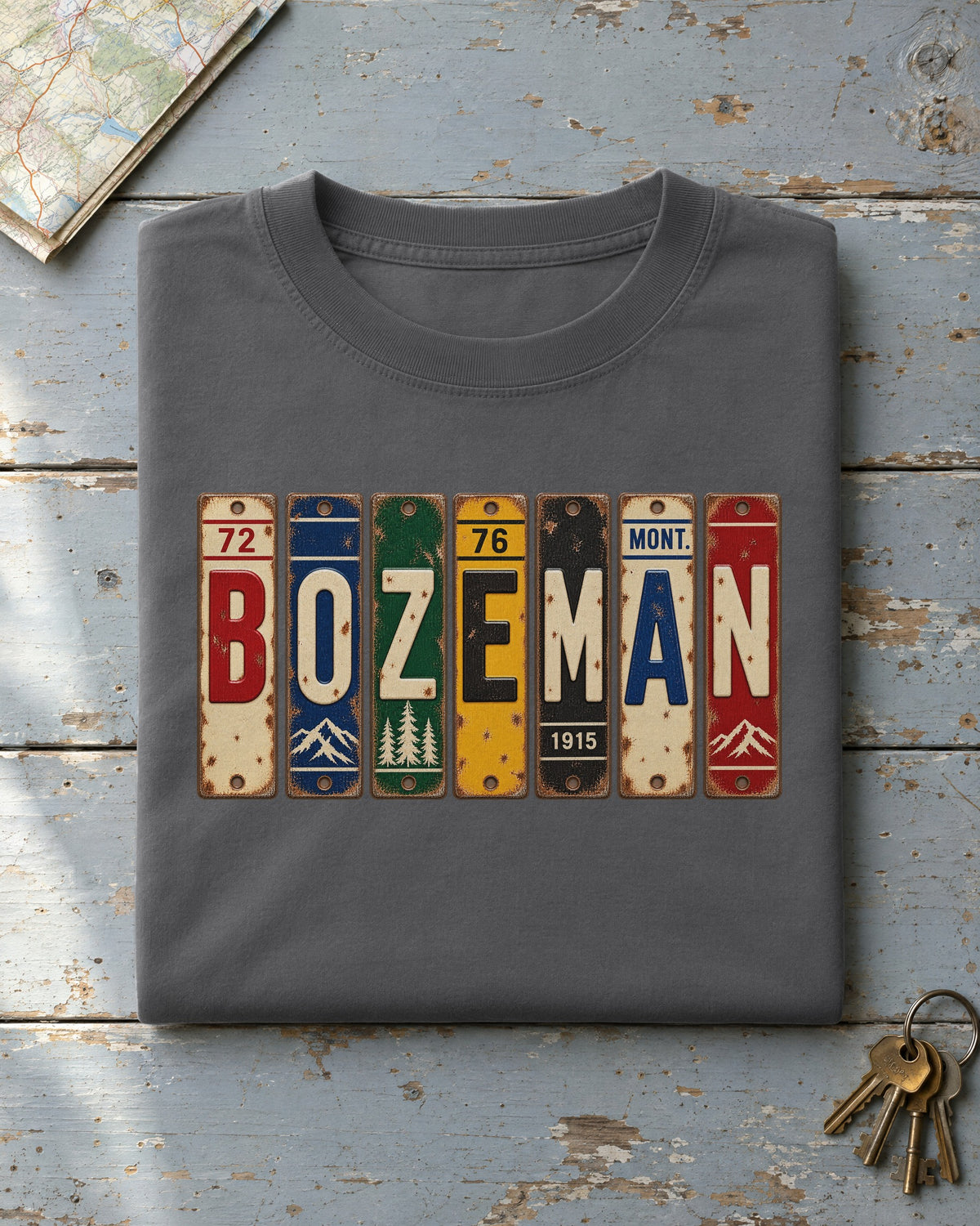 Bozeman, Montana vintage license plate t-shirt in Pepper