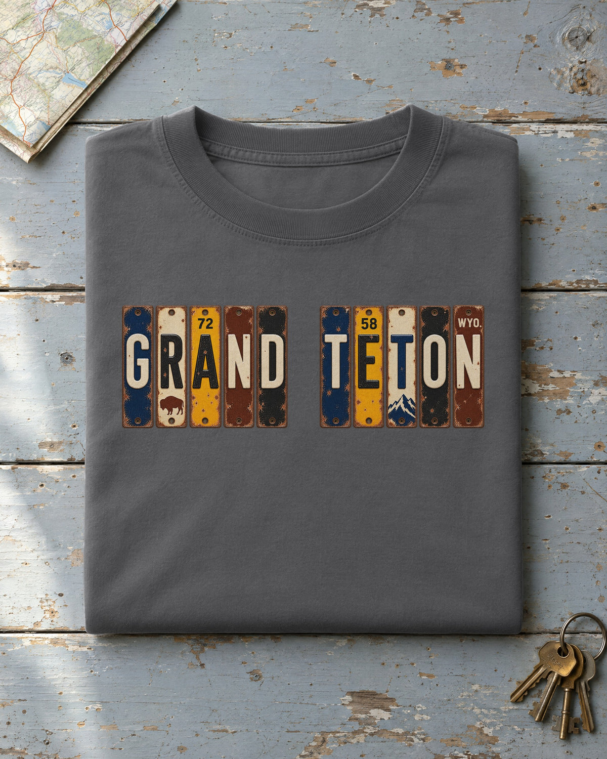 Grand Teton, Wyoming vintage license plate t-shirt in Pepper
