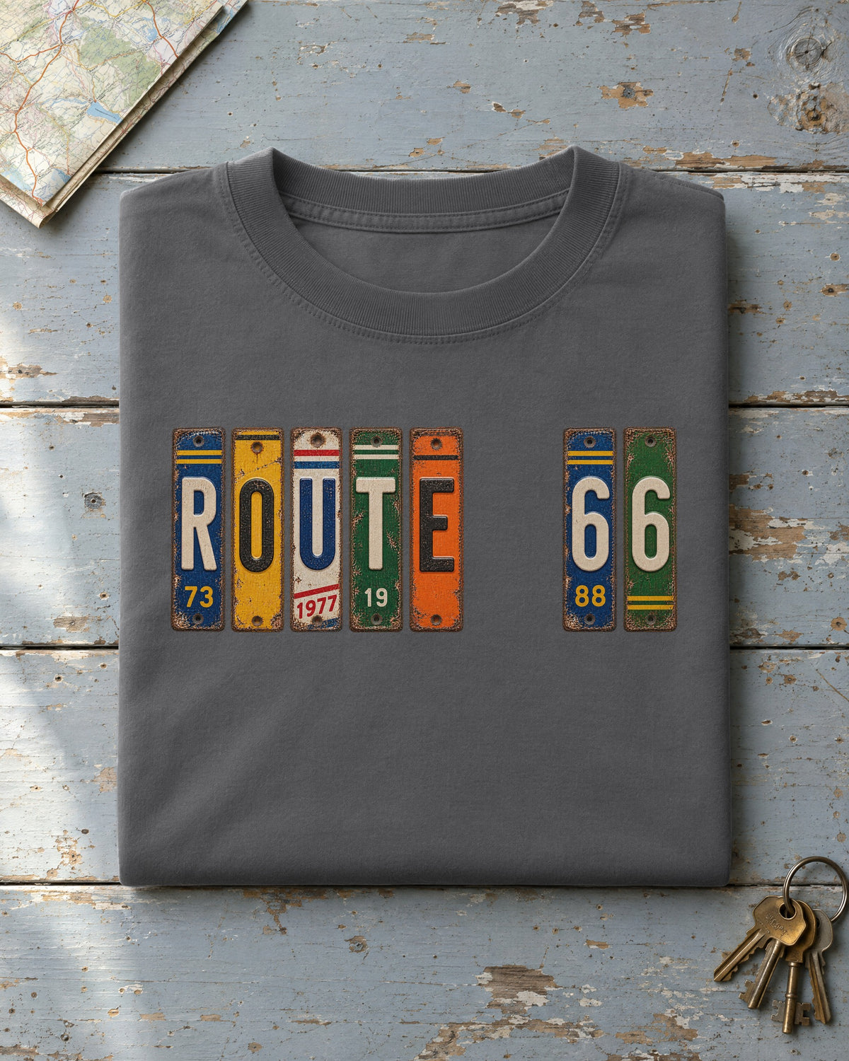 Route 66, Illinois vintage license plate t-shirt in Pepper