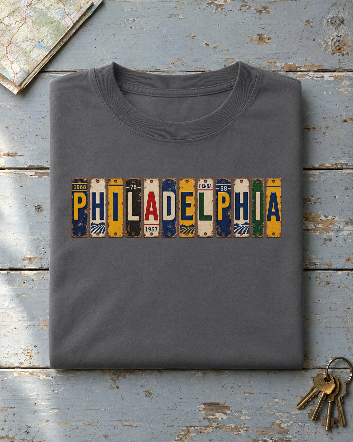 Philadelphia, Pennsylvania vintage license plate t-shirt in Pepper