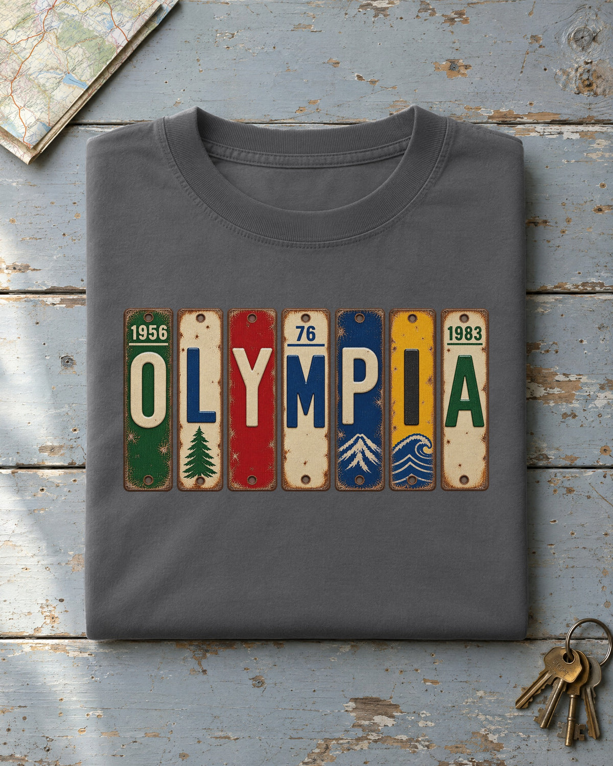 Olympia, Washington vintage license plate t-shirt in Pepper