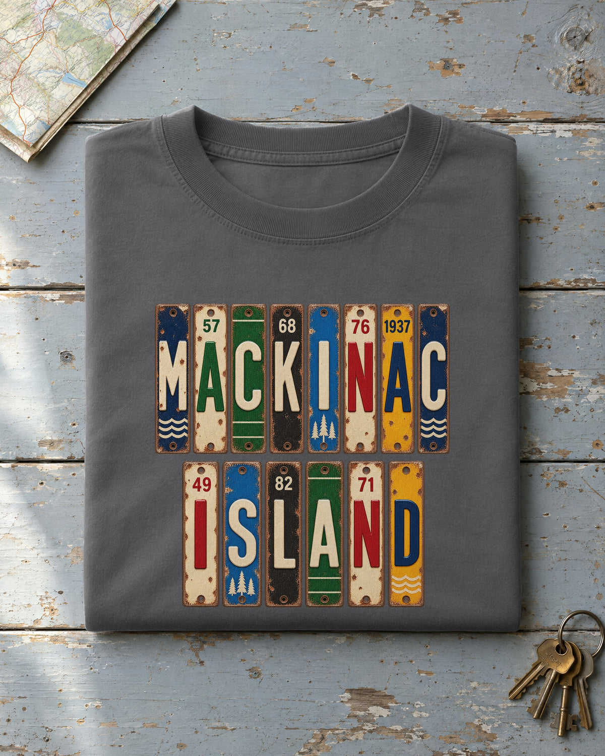Mackinac Island, Michigan vintage license plate t-shirt in Pepper