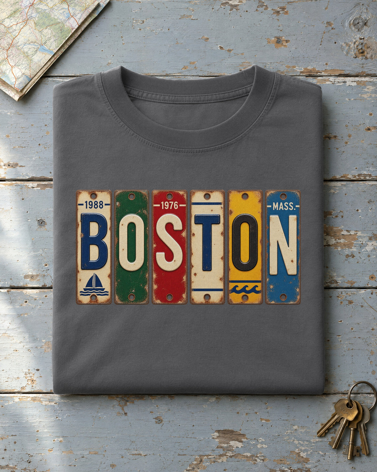 Boston, Massachusetts vintage license plate t-shirt in Pepper