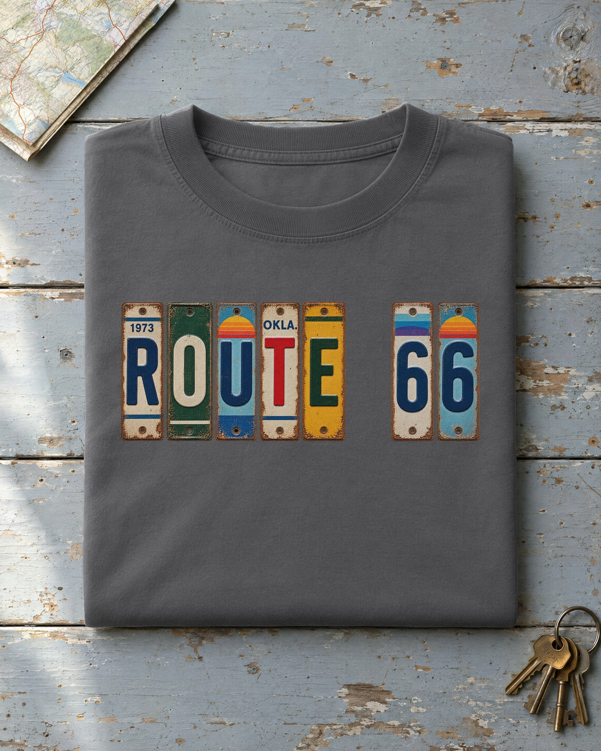 Route 66, Oklahoma vintage license plate t-shirt in Pepper