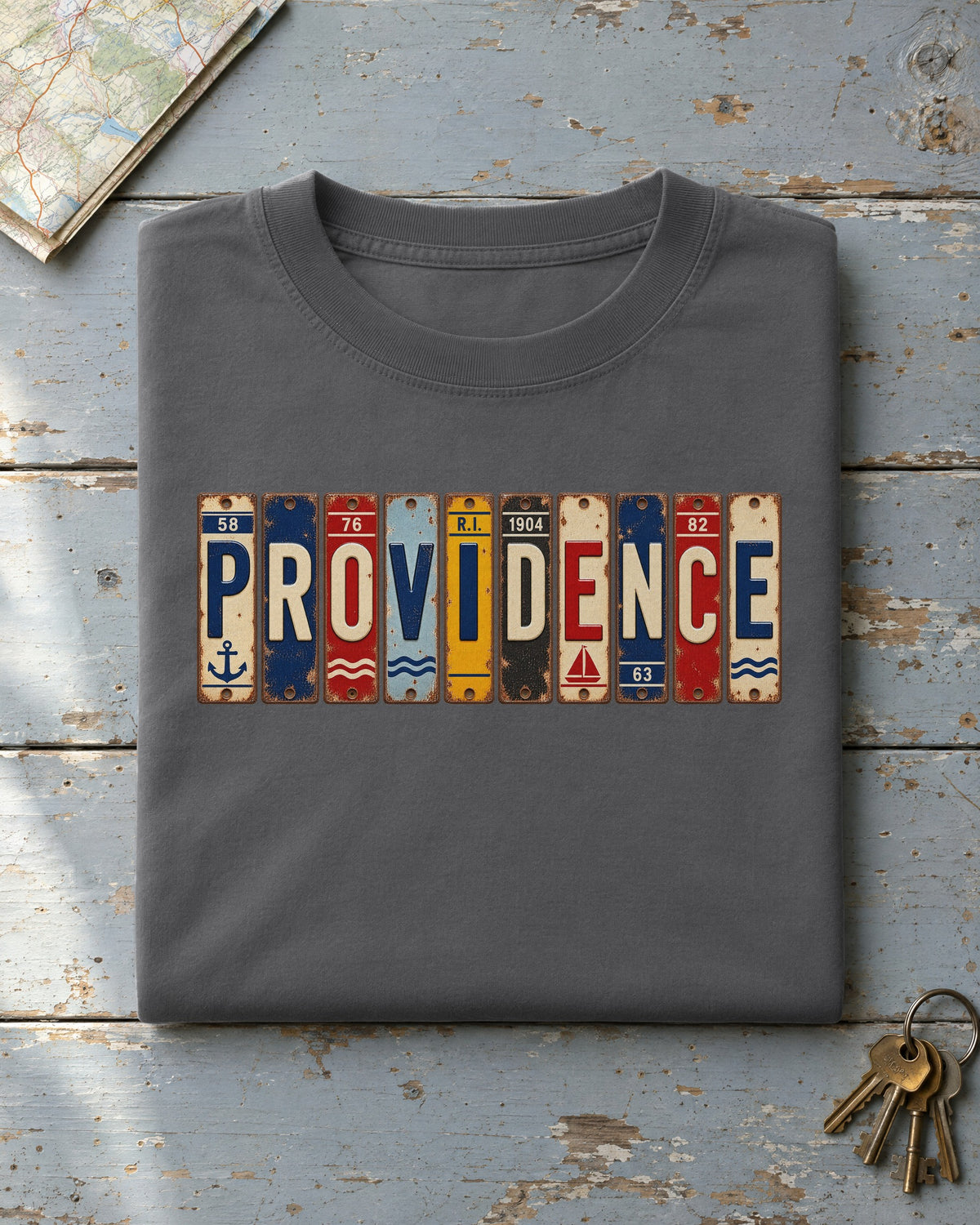 Providence, Rhode Island vintage license plate t-shirt in Pepper