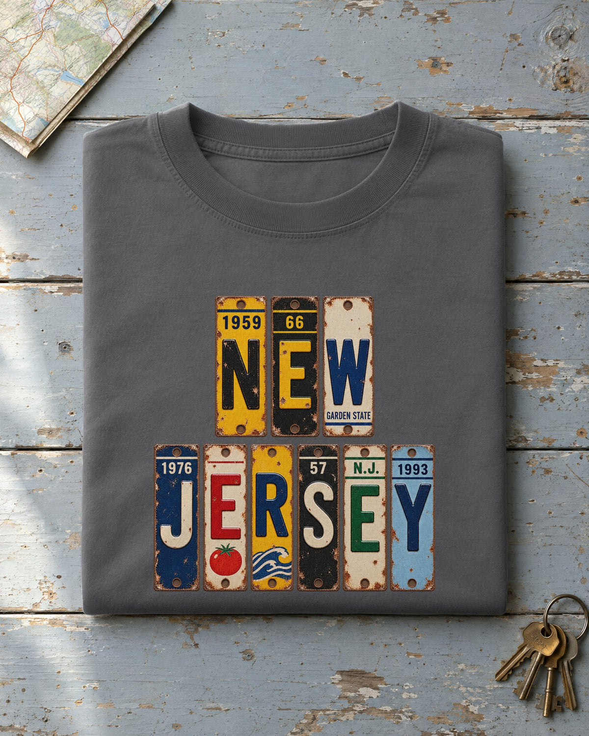 New Jersey vintage license plate t-shirt in Pepper