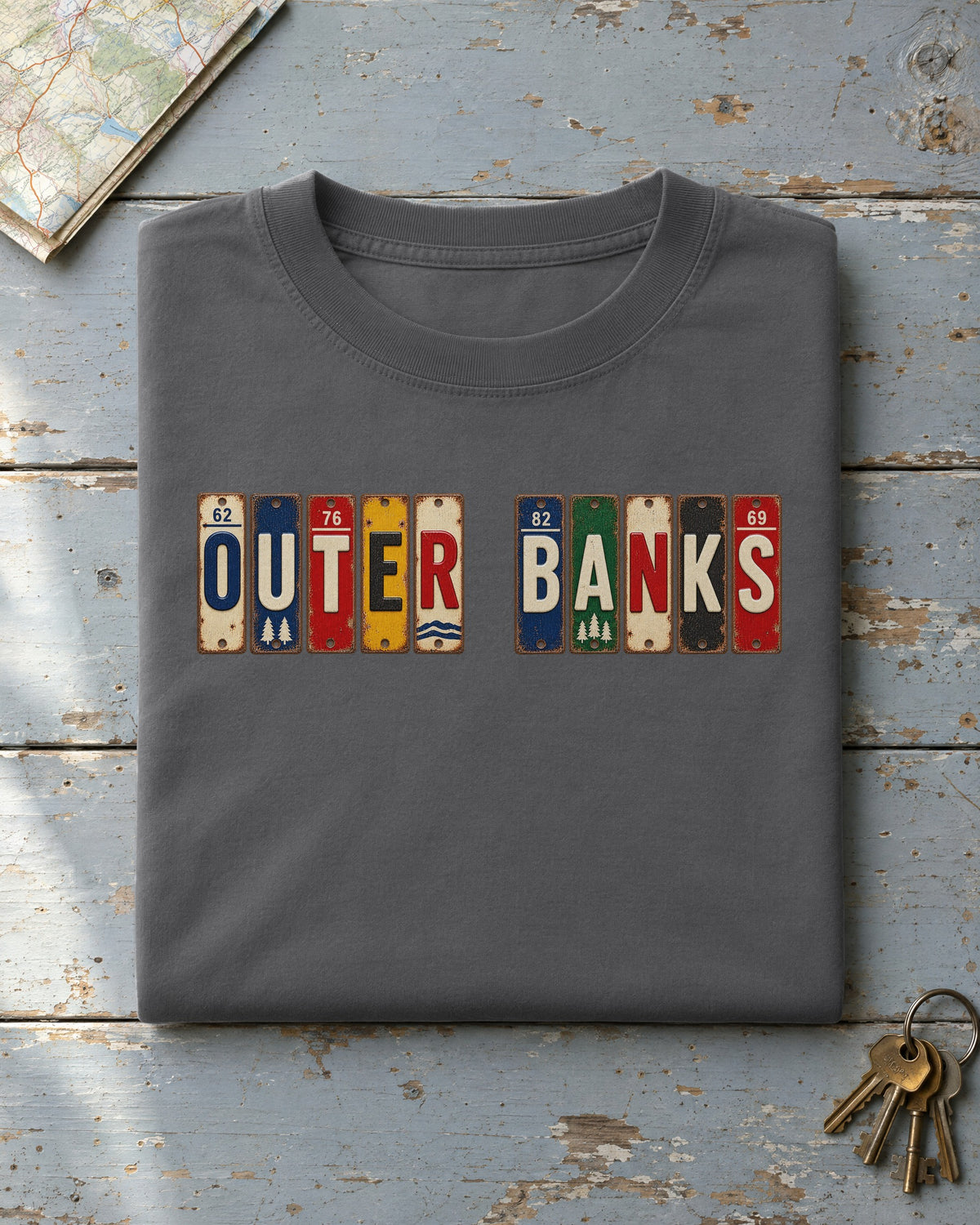 Outer Banks, North Carolina vintage license plate t-shirt in Pepper
