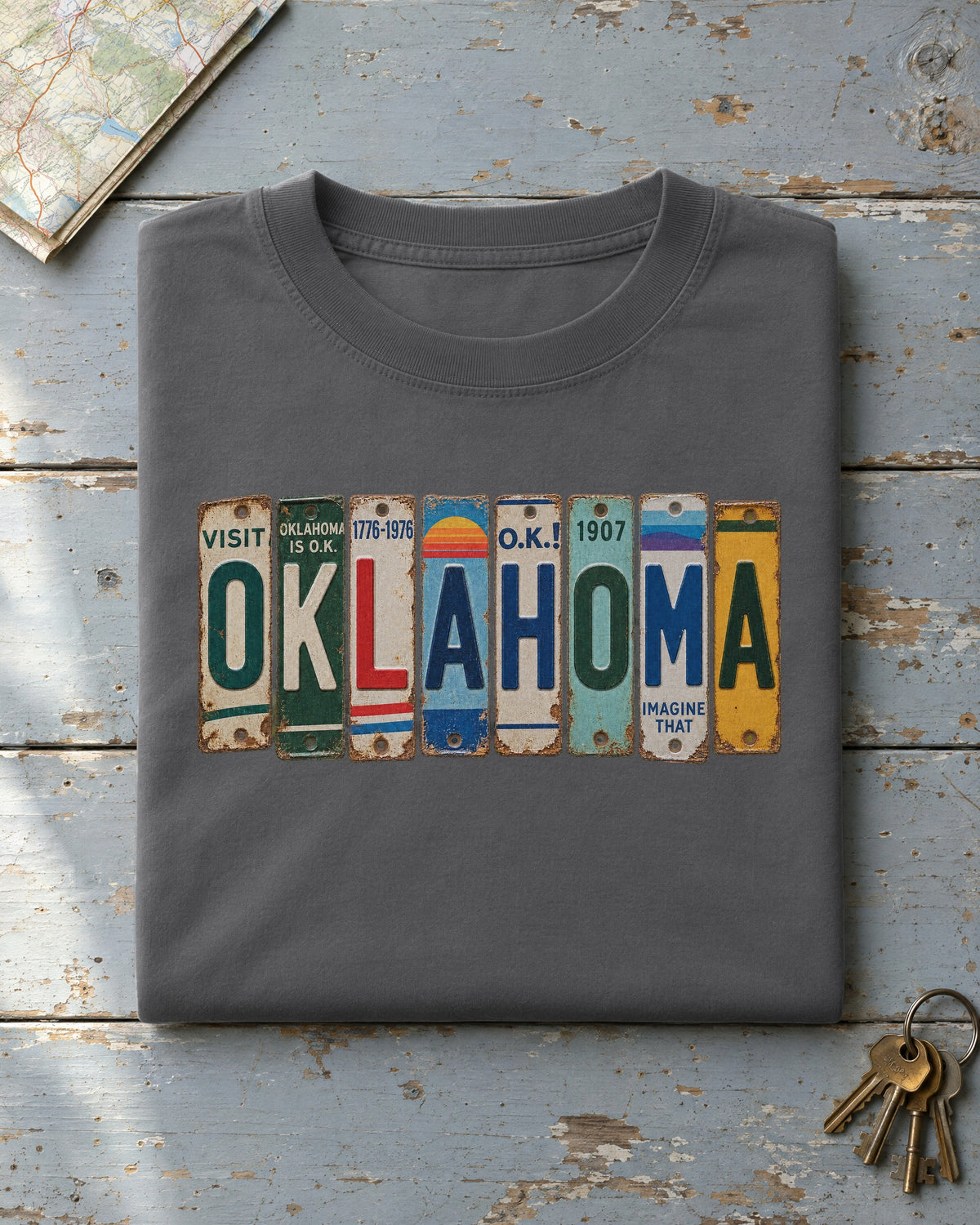 Oklahoma vintage license plate t-shirt in Pepper