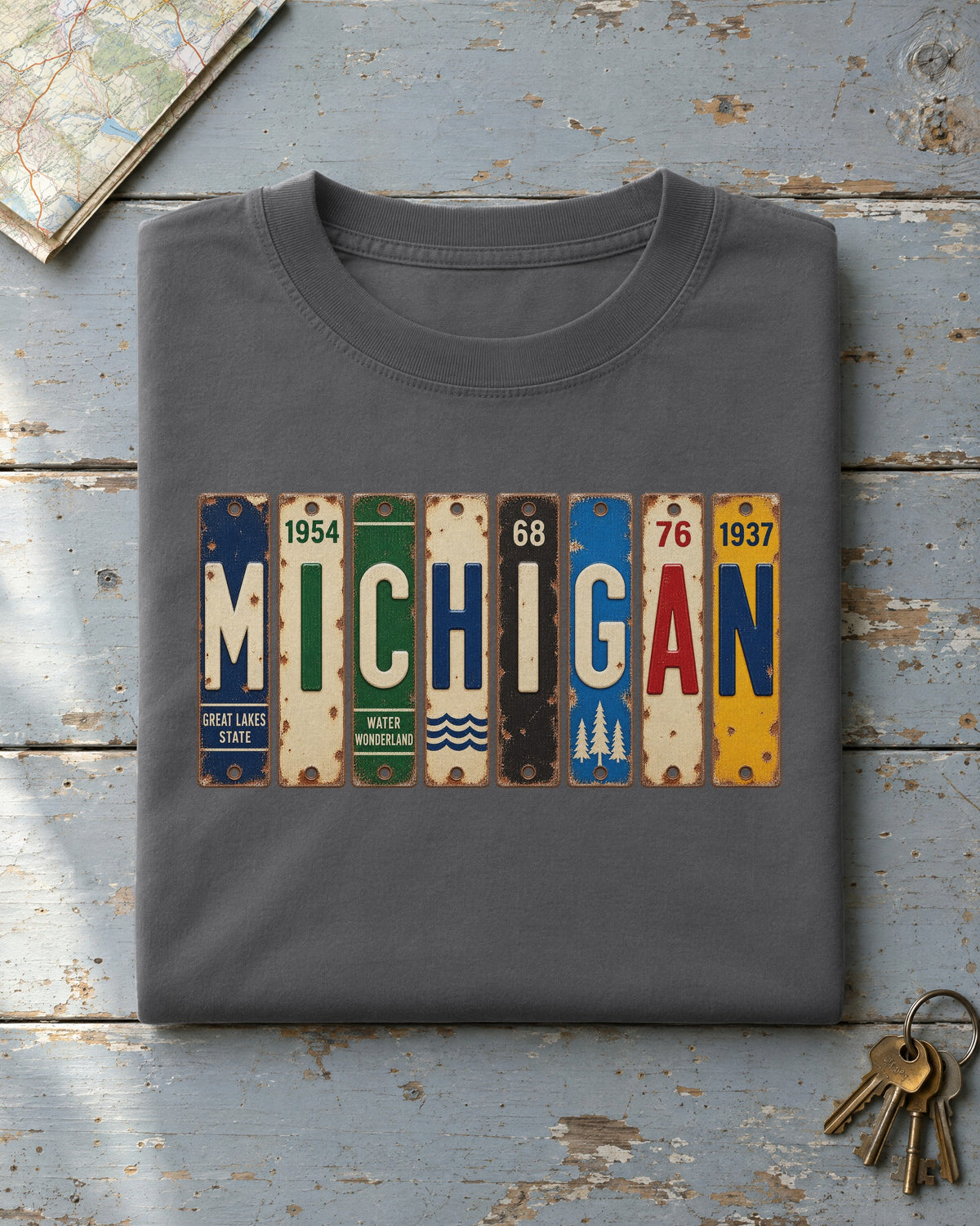 Michigan vintage license plate t-shirt in Pepper