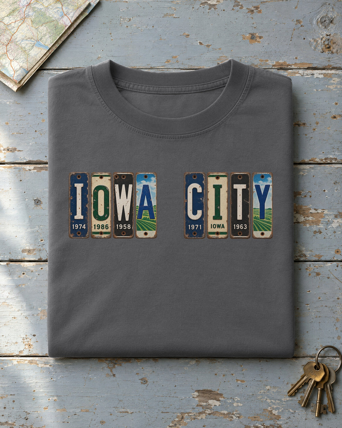 Iowa City, Iowa vintage license plate t-shirt in Pepper