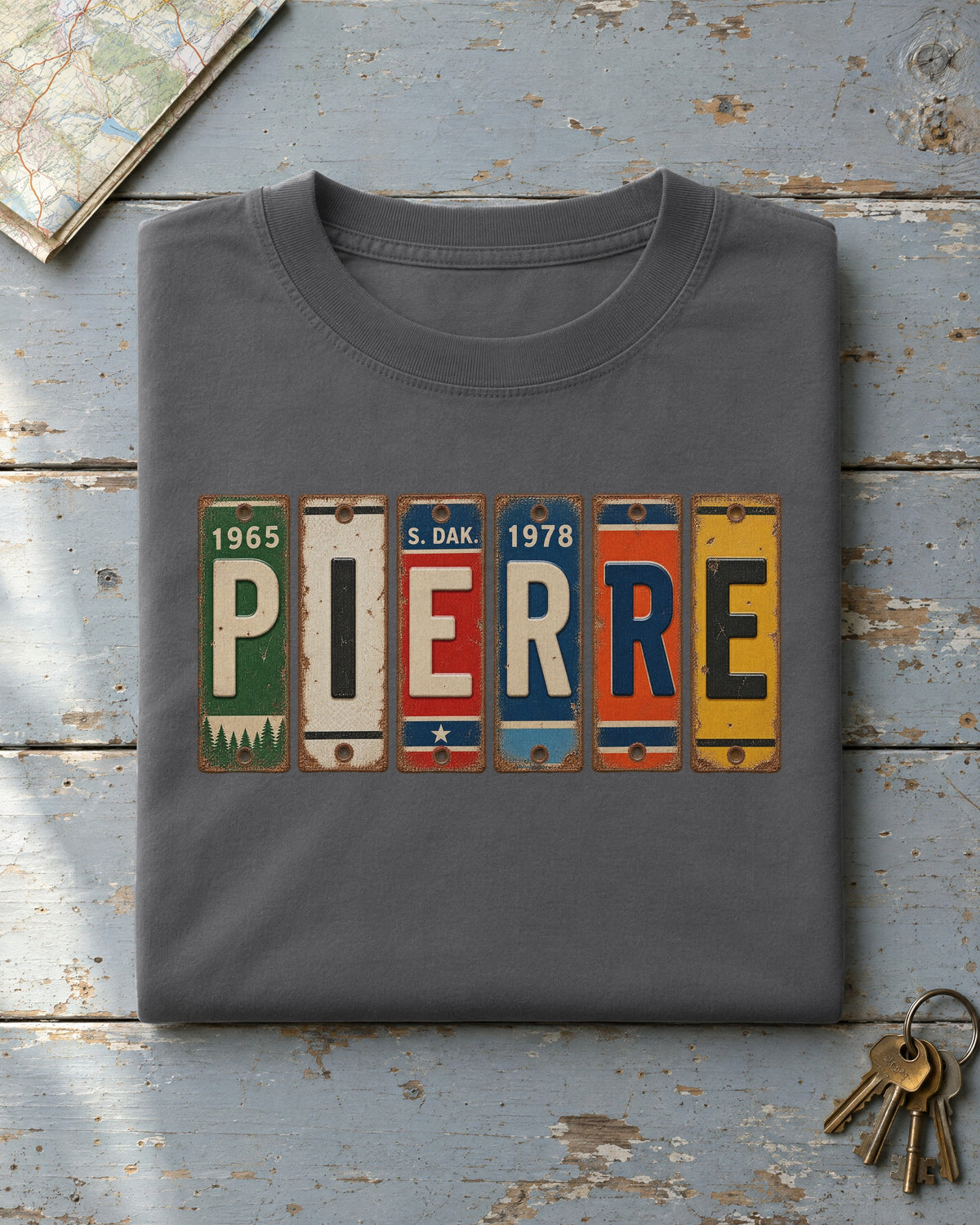 Pierre, South Dakota vintage license plate t-shirt in Pepper