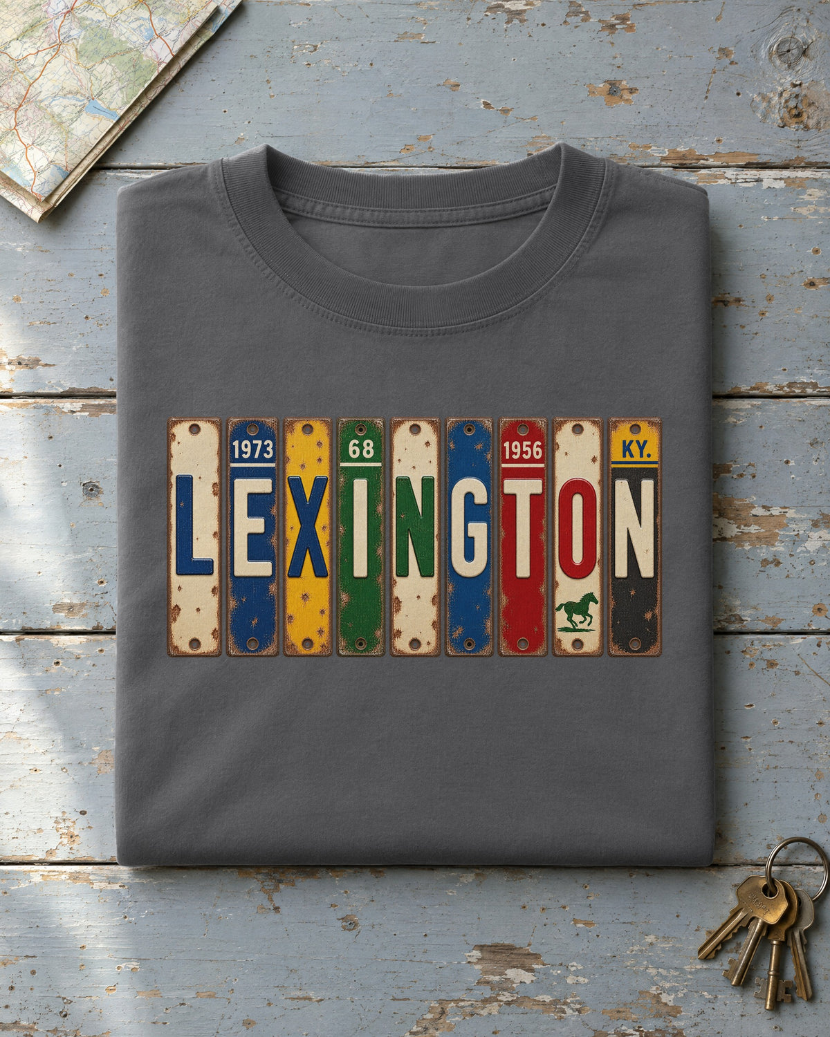 Lexington, Kentucky vintage license plate t-shirt in Pepper