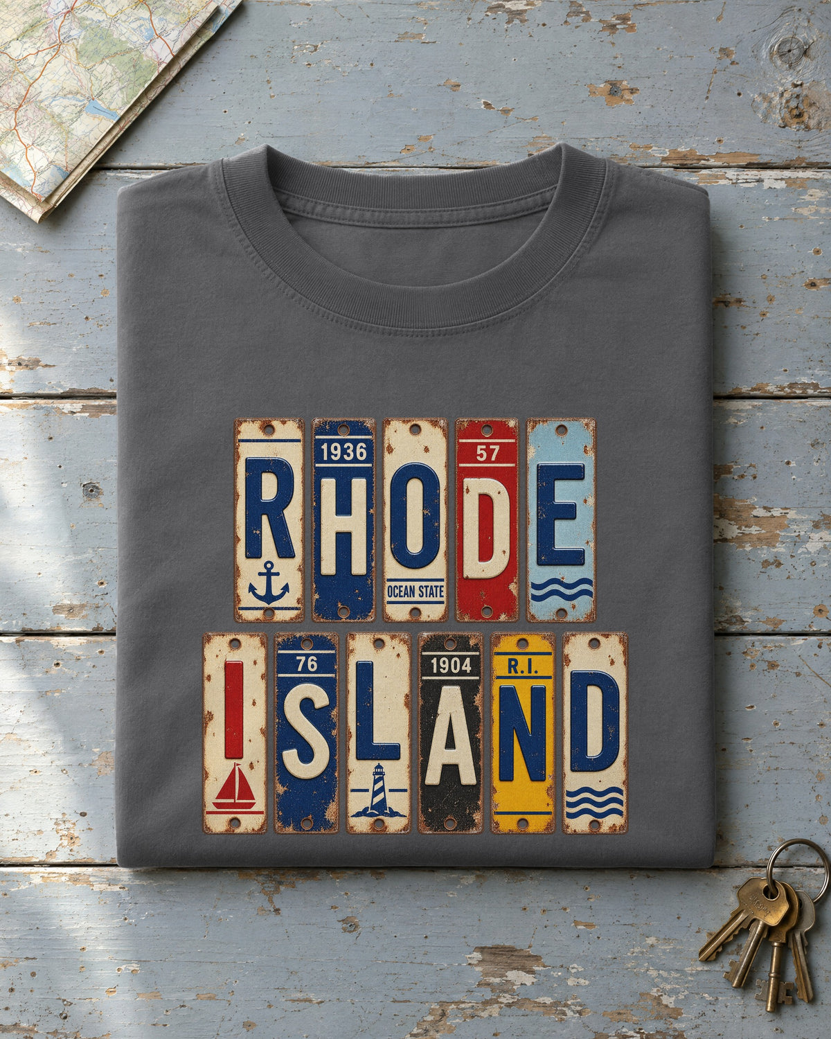 Rhode Island vintage license plate t-shirt in Pepper