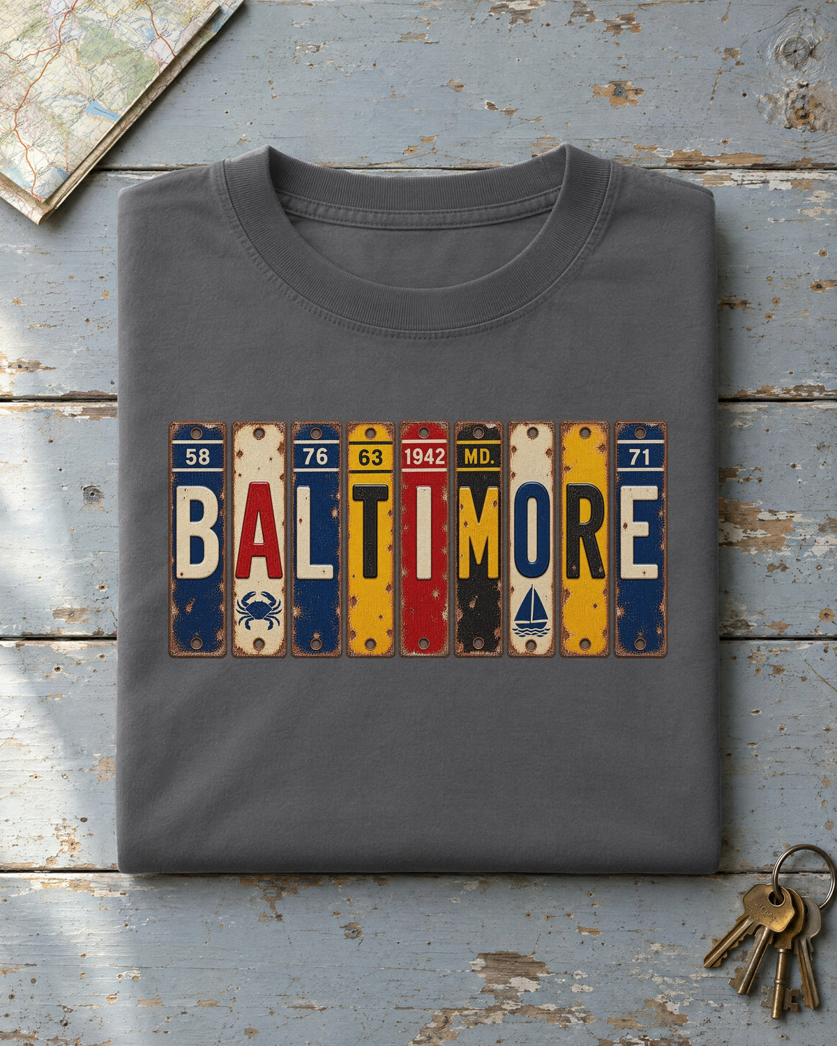 Baltimore, Maryland vintage license plate t-shirt in Pepper