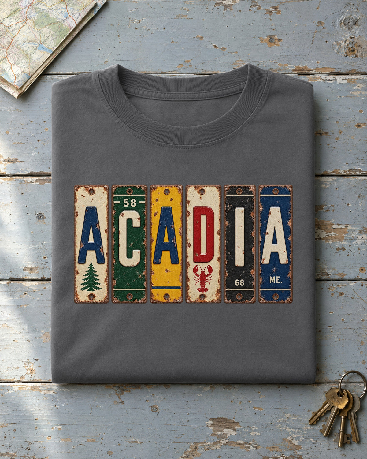 Acadia, Maine vintage license plate t-shirt in Pepper
