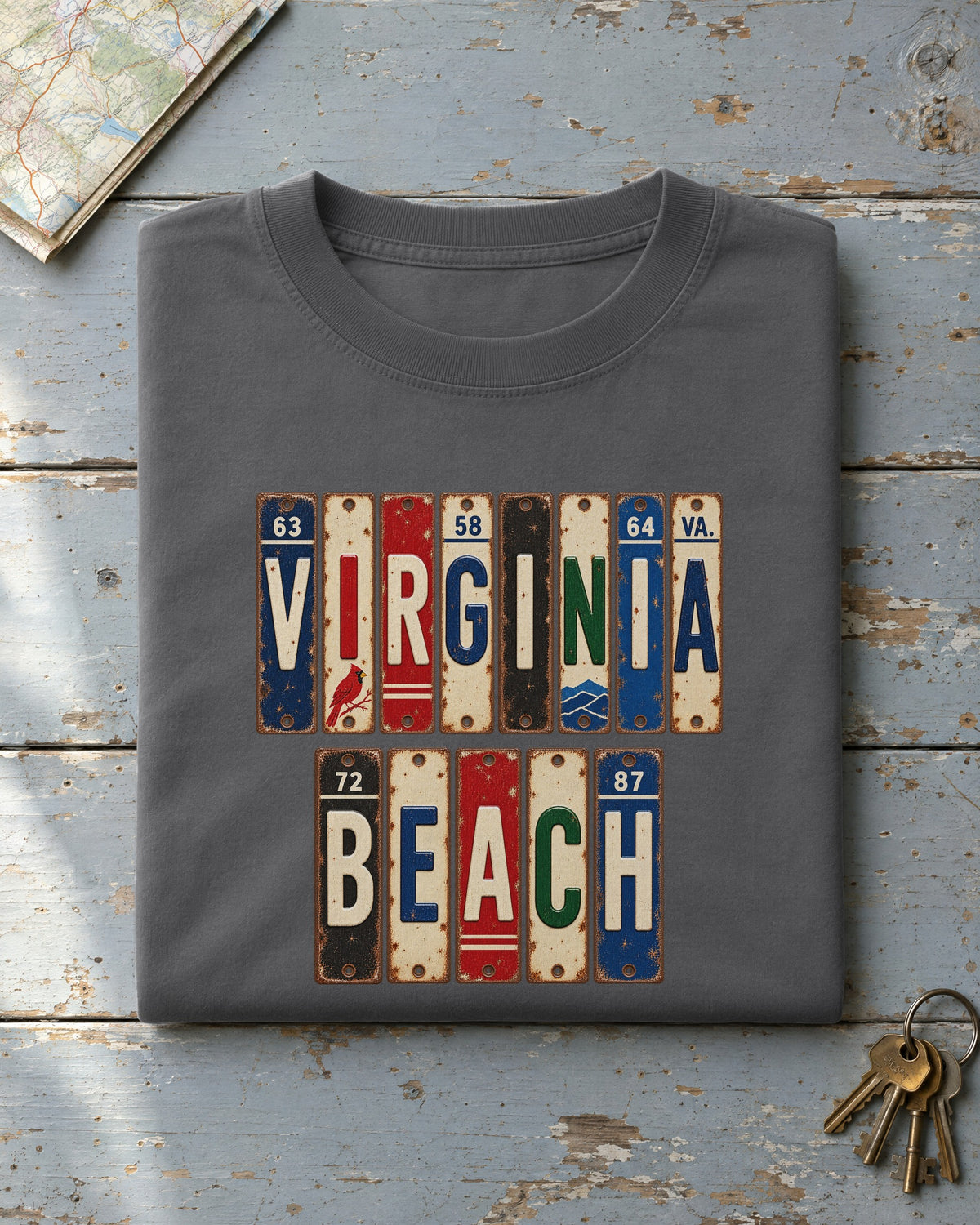 Virginia Beach, Virginia vintage license plate t-shirt in Pepper